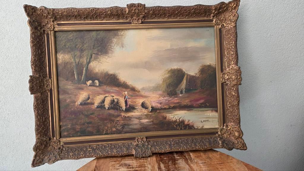 Oud Hollands landschap met schapen en herderin, Antiek en Kunst, Kunst | Schilderijen | Klassiek, Ophalen