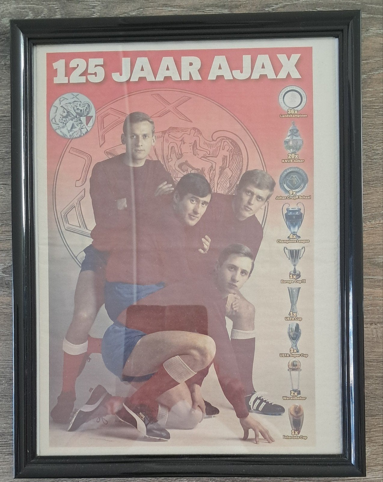 Ingelijste poster '125 Jaar Ajax' met historische spelers, Verzamelen, Ophalen of Verzenden, Gebruikt, Ajax, Poster, Plaatje of Sticker