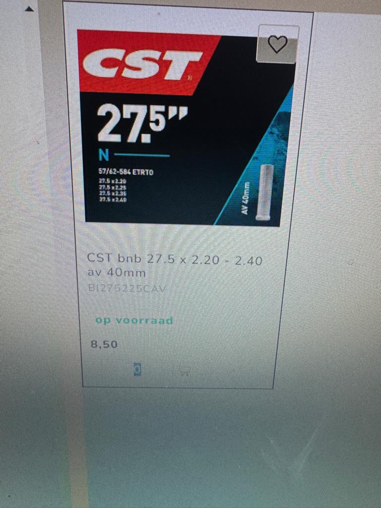 CST Binnenband 27.5 inch AV 40mm, Fietsen en Brommers, Fietsonderdelen, Nieuw, Band, Rubber, Mountainbike, Ophalen of Verzenden