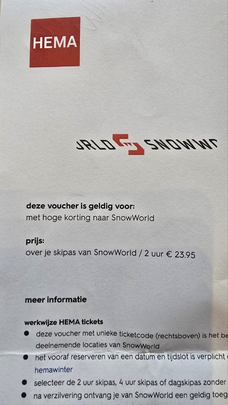 1 ticket voor 2 uur skiën in snowworld, Tickets en Kaartjes