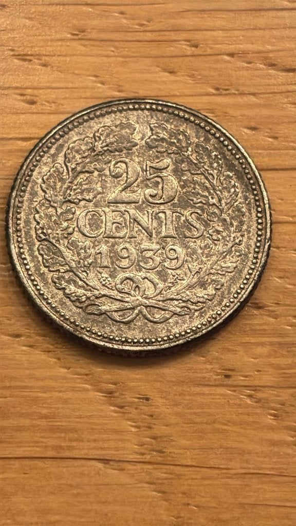 Zilveren 25 cent 1939, Zilver, 25 cent, Ophalen of Verzenden, Koningin Wilhelmina