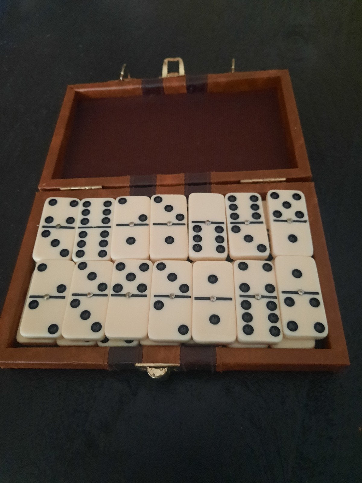 Vintage Domino Spel in Luxe Lederen Koffer - Reisspel, Gebruikt, Onbekend, Ophalen of Verzenden, Een of twee spelers