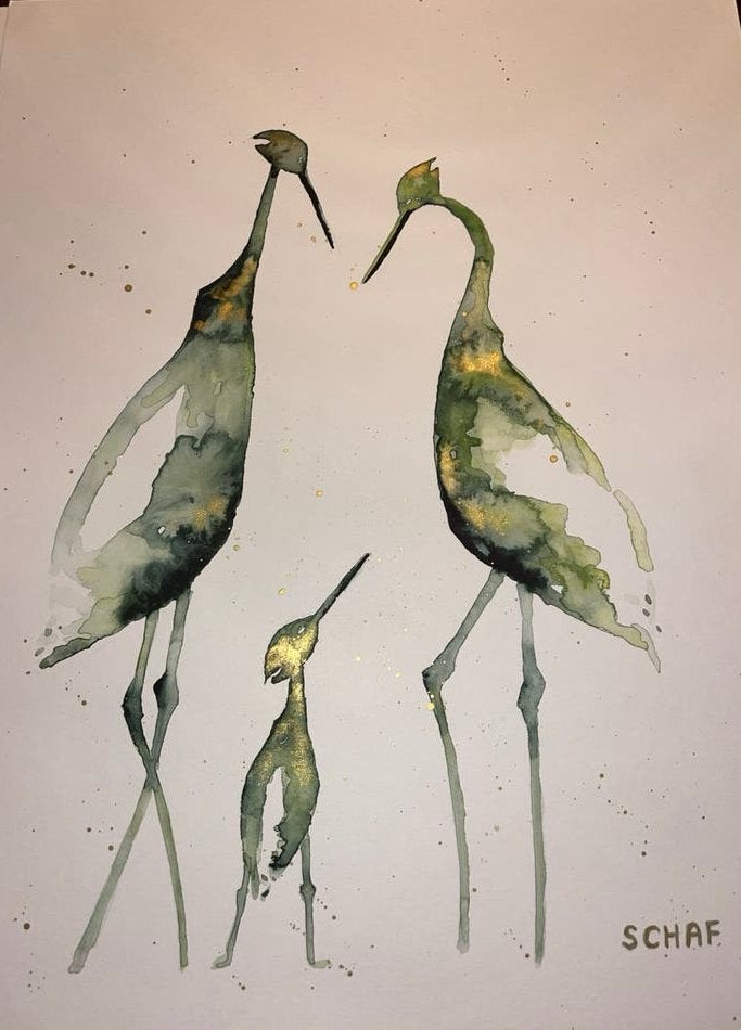 Abstracte Kraanvogels - Originele Aquarel 40x30 cm, Ophalen of Verzenden