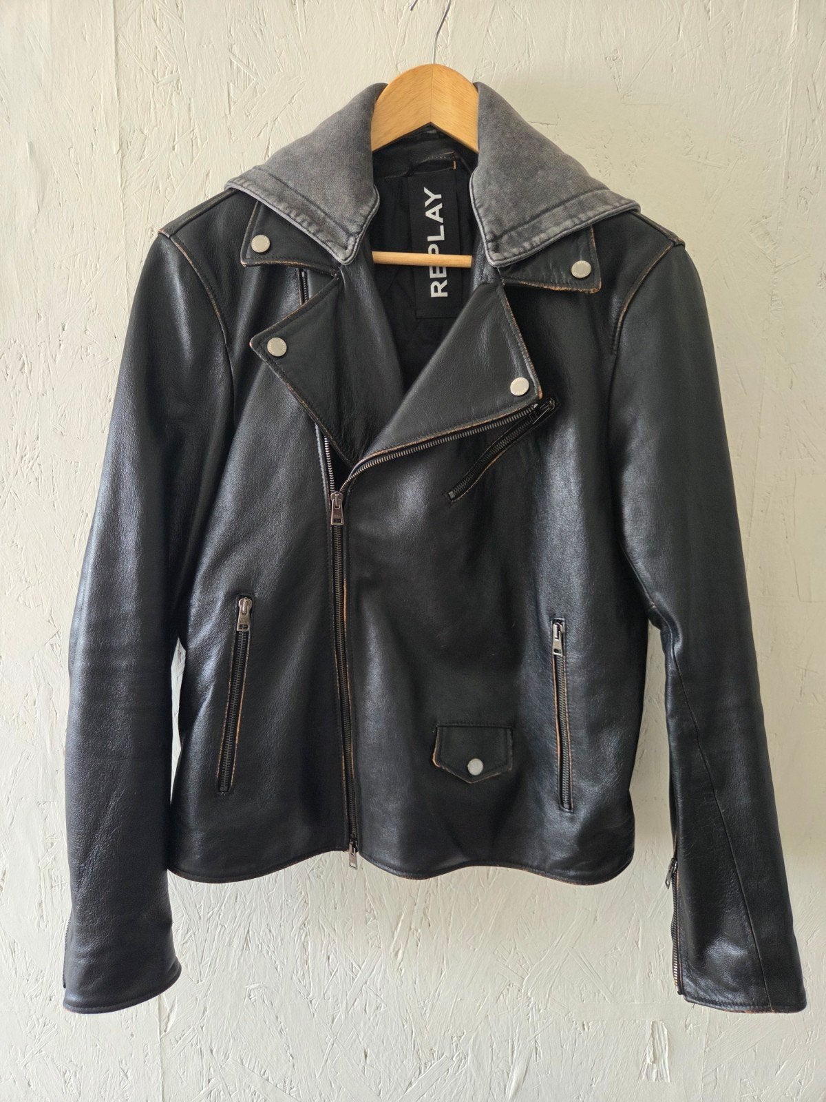 Replay leren bikerjack met afneembare capuchon, Kleding | Heren, Jassen | Zomer, Maat 48/50 (M), Zwart, Nieuw, Ophalen of Verzenden