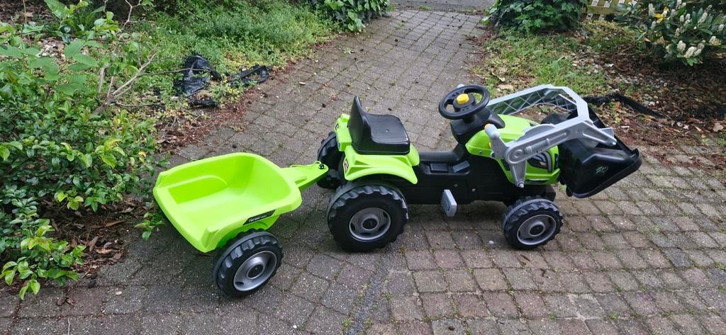 Groene traptractor met aanhanger en voorlader, Kinderen en Baby's, Speelgoed | Buiten | Voertuigen en Loopfietsen, Ophalen, Gebruikt