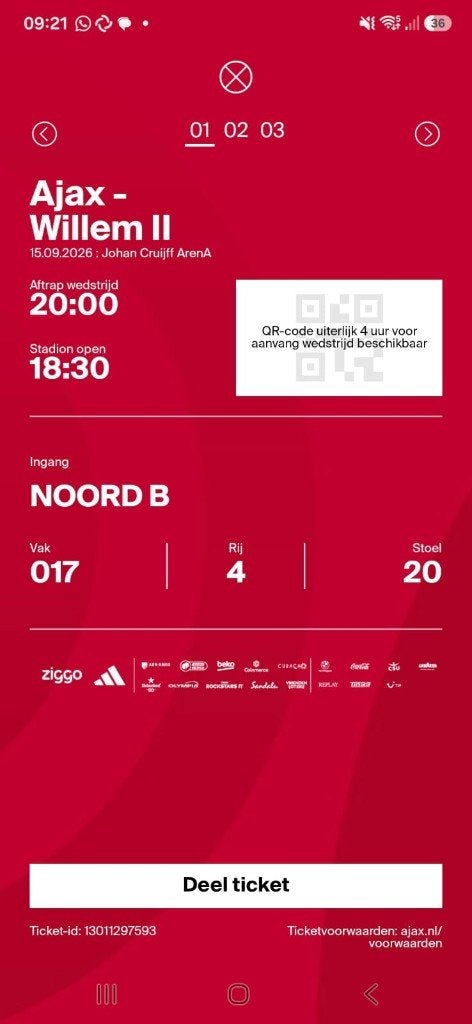 3 Tickets Ajax-Willem II, Losse kaart, Drie personen of meer, September