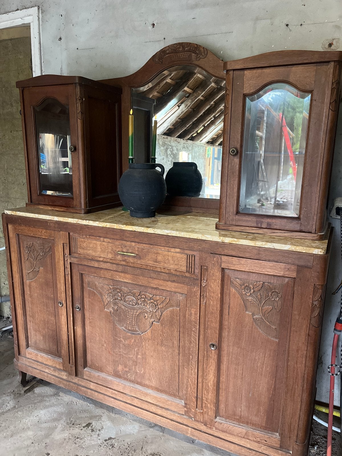 Antiek Jugendstil Art Nouveau Dressoir met Marmeren Blad, Huis en Inrichting, Gebruikt, 100 tot 150 cm, Ophalen of Verzenden, Met lade(s)