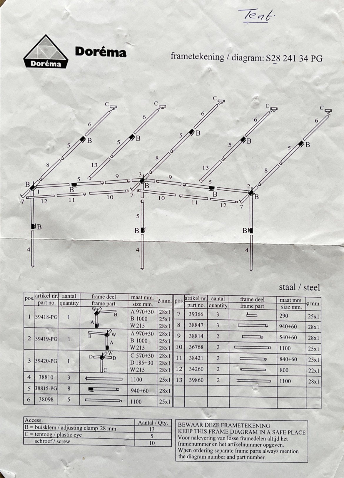 GEZOCHT: Dorema frame S28 241 34PG ivm Stormschade, Caravans en Kamperen, Ophalen, Zo goed als nieuw
