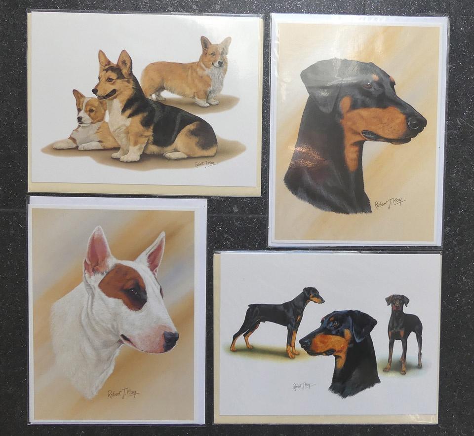 Robert J. May kaarten Dobermann Corgi Bull Terrier portret, Ophalen of Verzenden, 1980 tot heden, Ongelopen, Hond of Kat