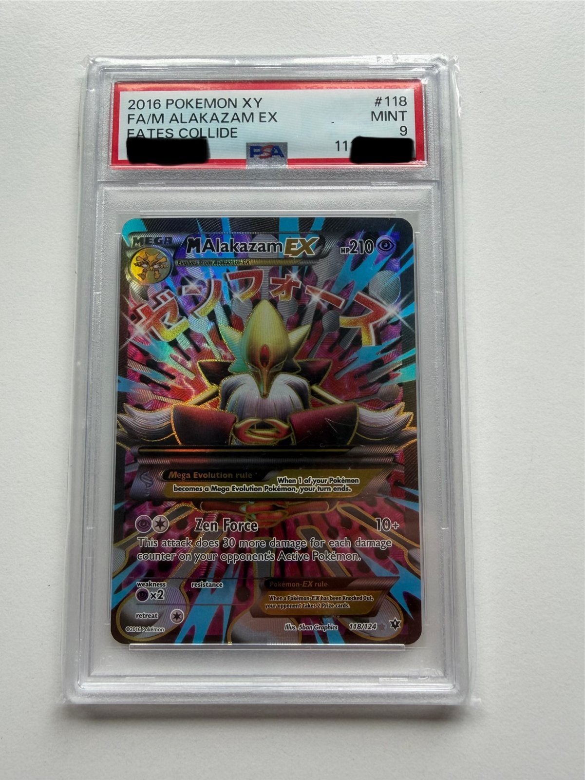 PSA 9 M Alakazam EX 118/124 Fates Collide Pokémon Kaart, Ophalen of Verzenden, Zo goed als nieuw, Losse kaart