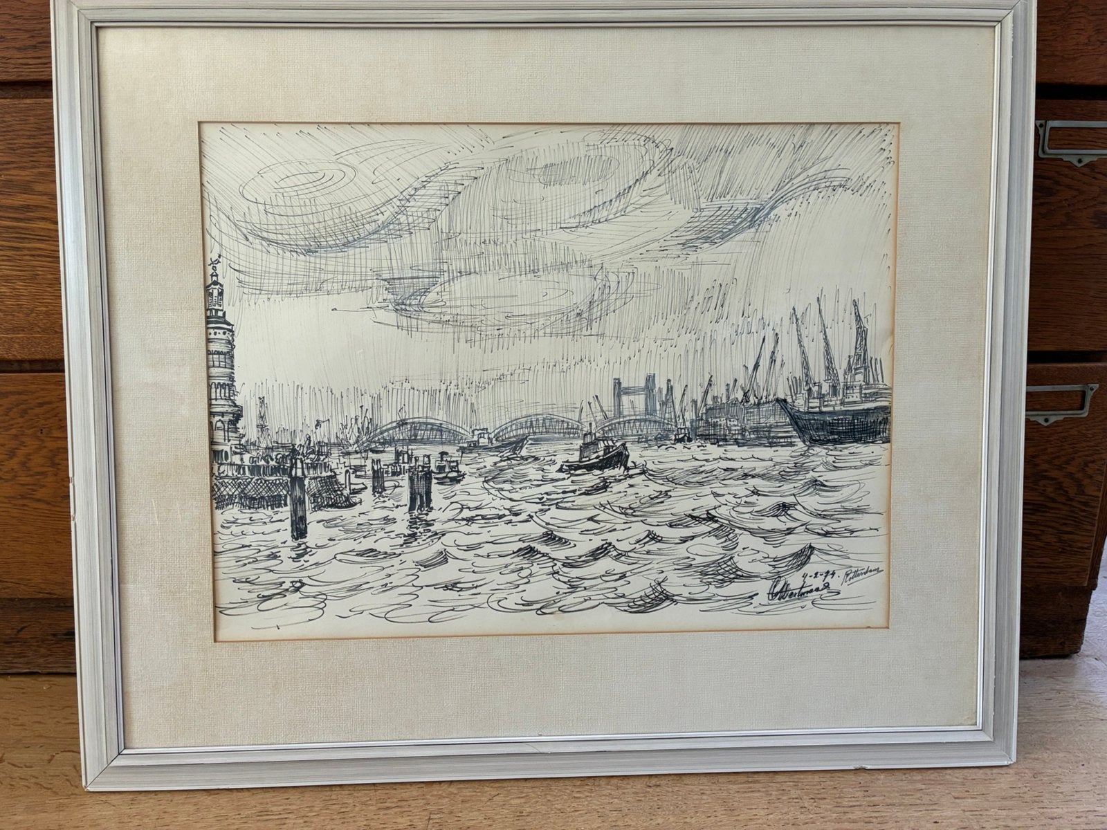 pen /potlood tekening zicht op haven Rotterdam 1974, Ophalen of Verzenden