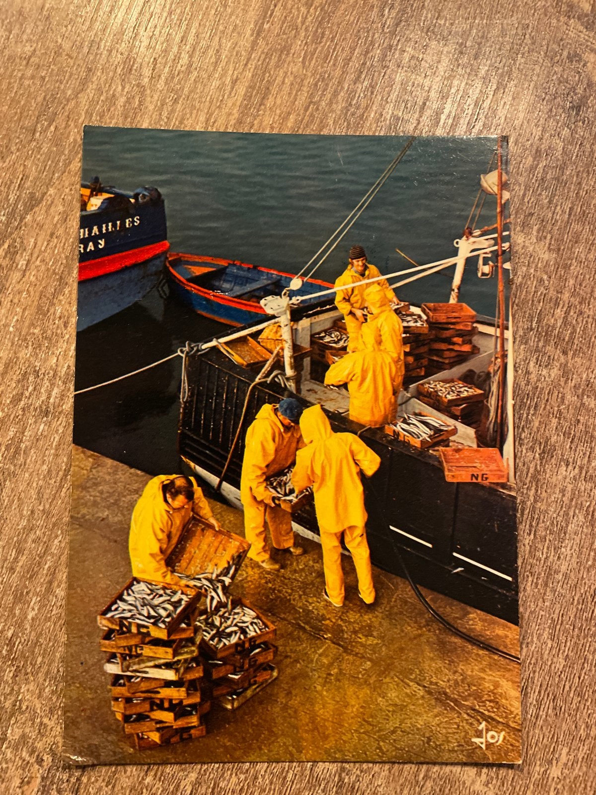 Vintage Ansichtkaart: Vissers lossen vangst in haven, Ophalen of Verzenden, 1960 tot 1980, Gelopen, Frankrijk