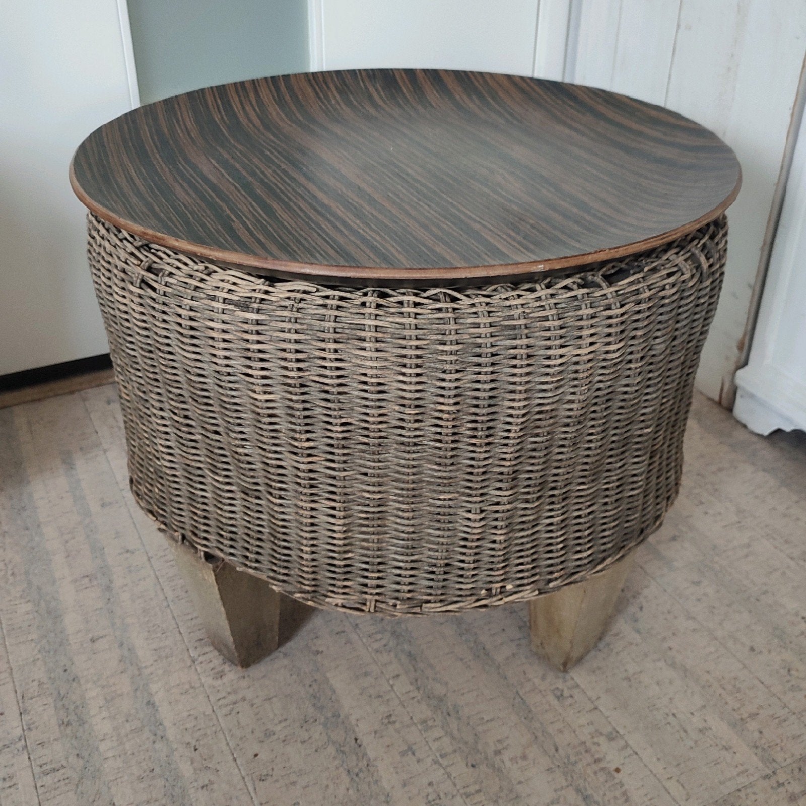 vintage Rotan Salontafel + rond Dienblad 45 cm H x Ø 50, Ophalen, Gebruikt, 50 tot 100 cm, Rond