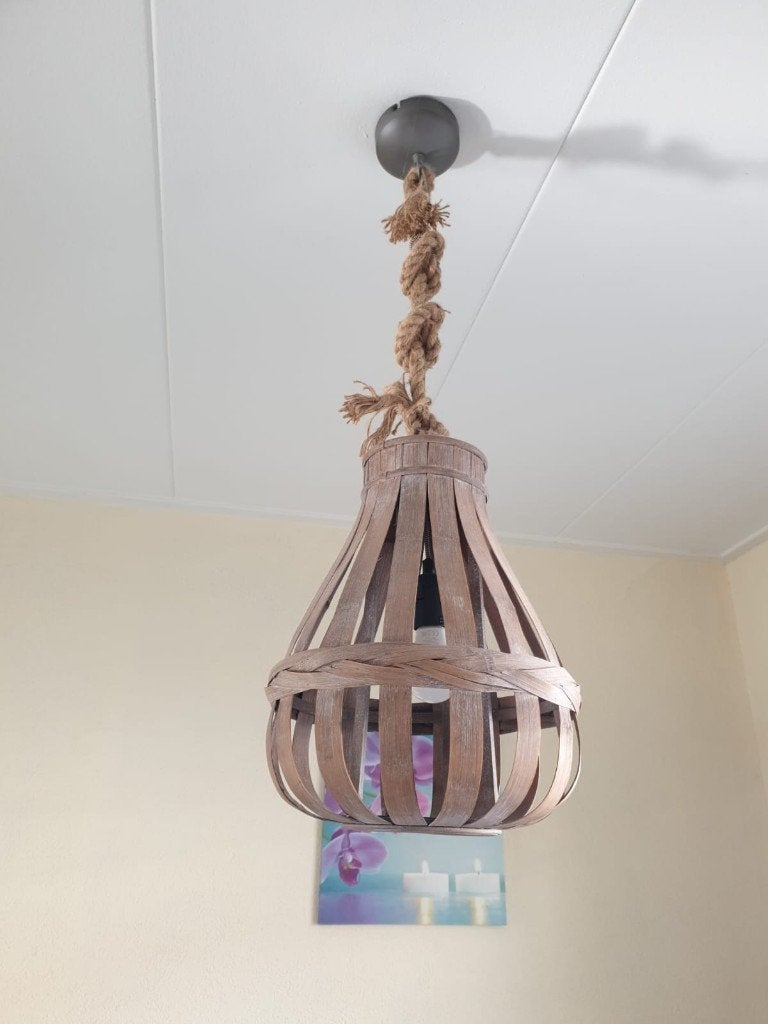 Houten hanglamp met touw, Ophalen, Landelijk, Bohemian, Rustiek, Natuurlijk materiaal, E27 (groot)
