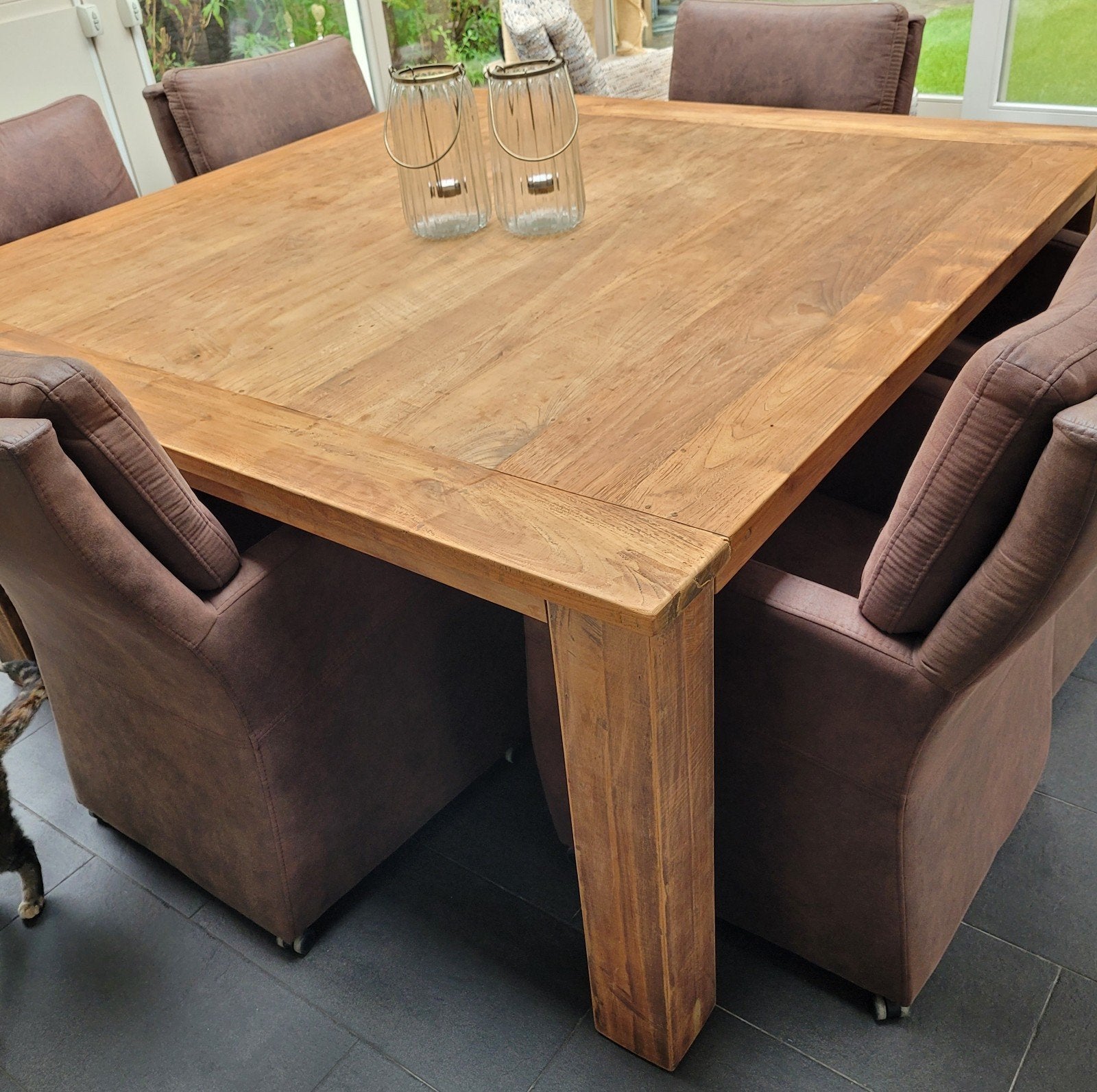 Teakhouten tafel(evt mét gratis stoelen), Ophalen, Gebruikt, 150 tot 200 cm, Vijf personen of meer