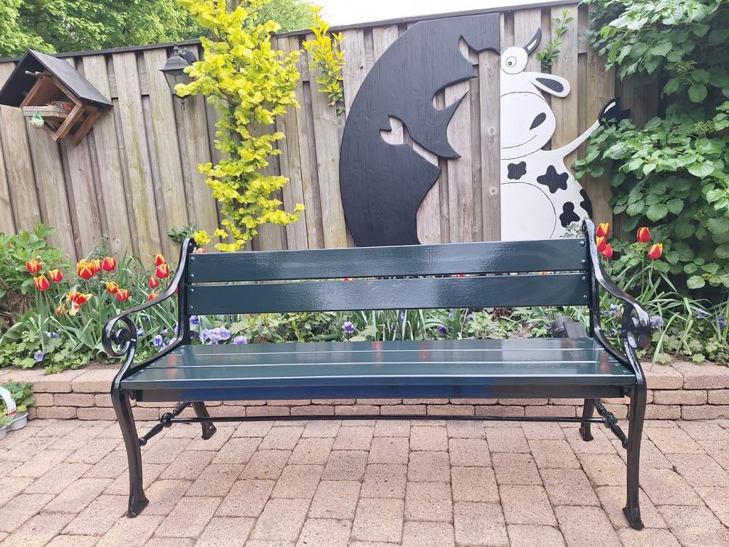 Gietijzeren tuinbank, natuursteen tafel, Ophalen, Nieuw, Metaal