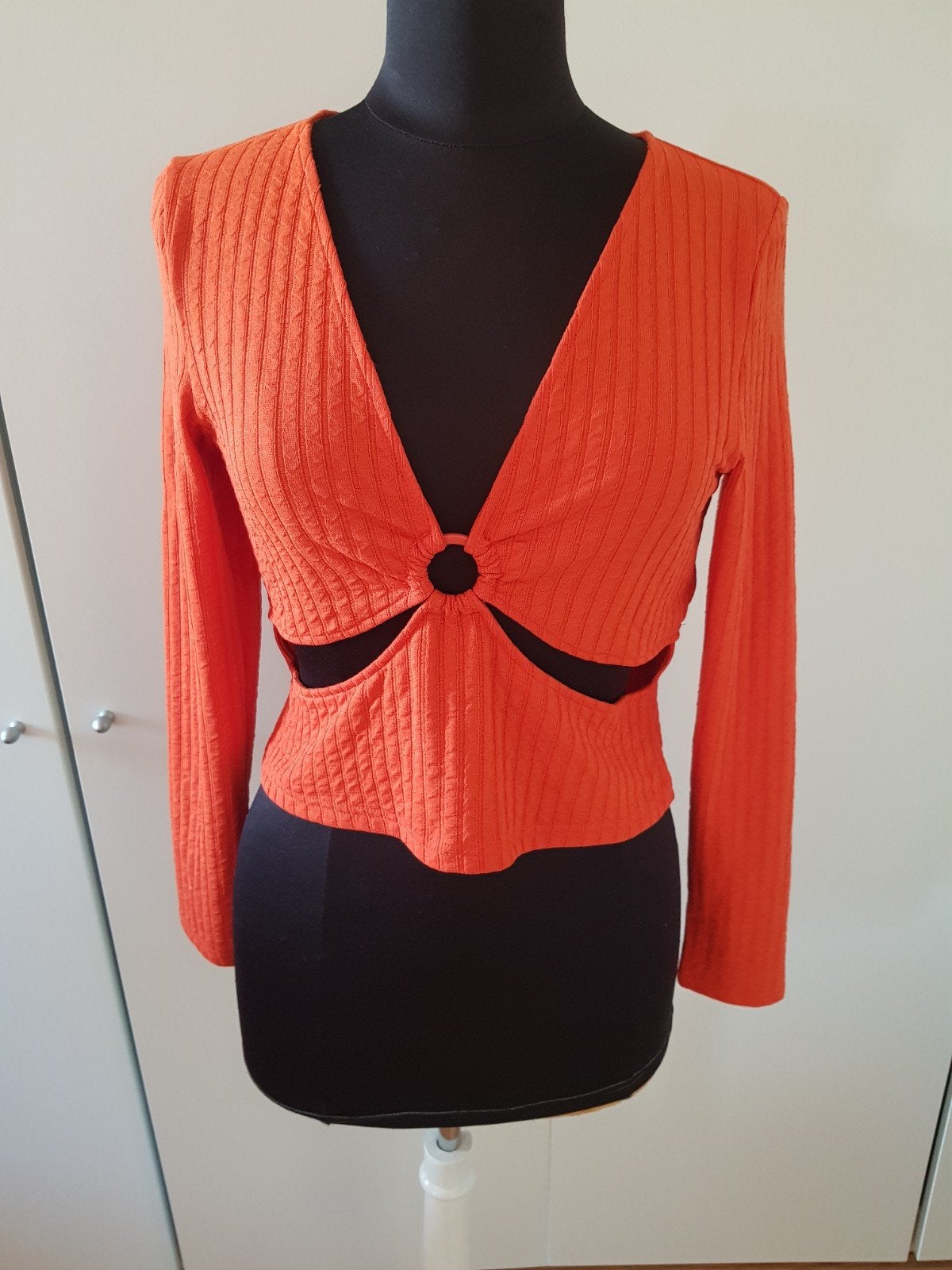 Oranje H&M ribbel crop top met ring & cut-outs – maat L, H&M, Maat 42/44 (L), Oranje, Ophalen of Verzenden