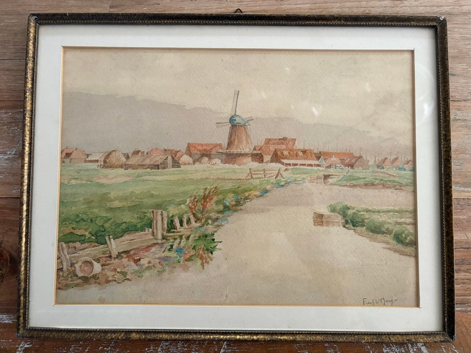 Freek van den Berg - Dorpsgezicht met molen, Ophalen, Realistisch, Gesigneerd, Aquarel