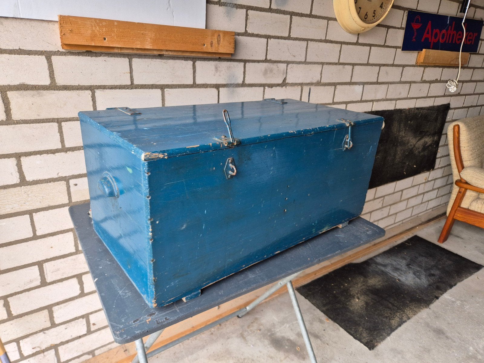 vintage industrieele houten kist blauw speelgoedkist of opbe, Ophalen of Verzenden, 50 tot 100 cm, Minder dan 50 cm