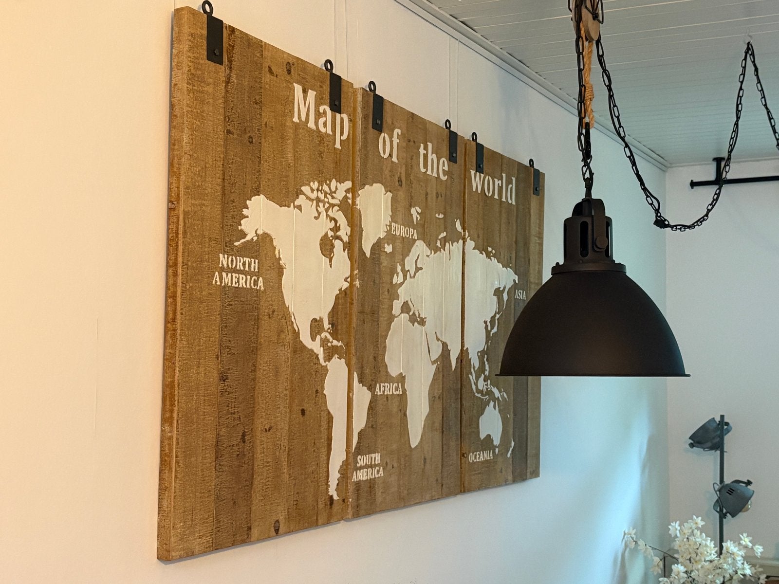 Set van 3 houten wandpanelen 'Map of the World', Huis en Inrichting, Ophalen, Zo goed als nieuw, Hout, Wandbord of Wandpaneel