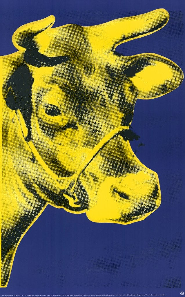 Andy Warhol Offset print dik papier "Cow Blue and Yellow ", Antiek en Kunst, Ophalen of Verzenden, Personages en Fantasiefiguren