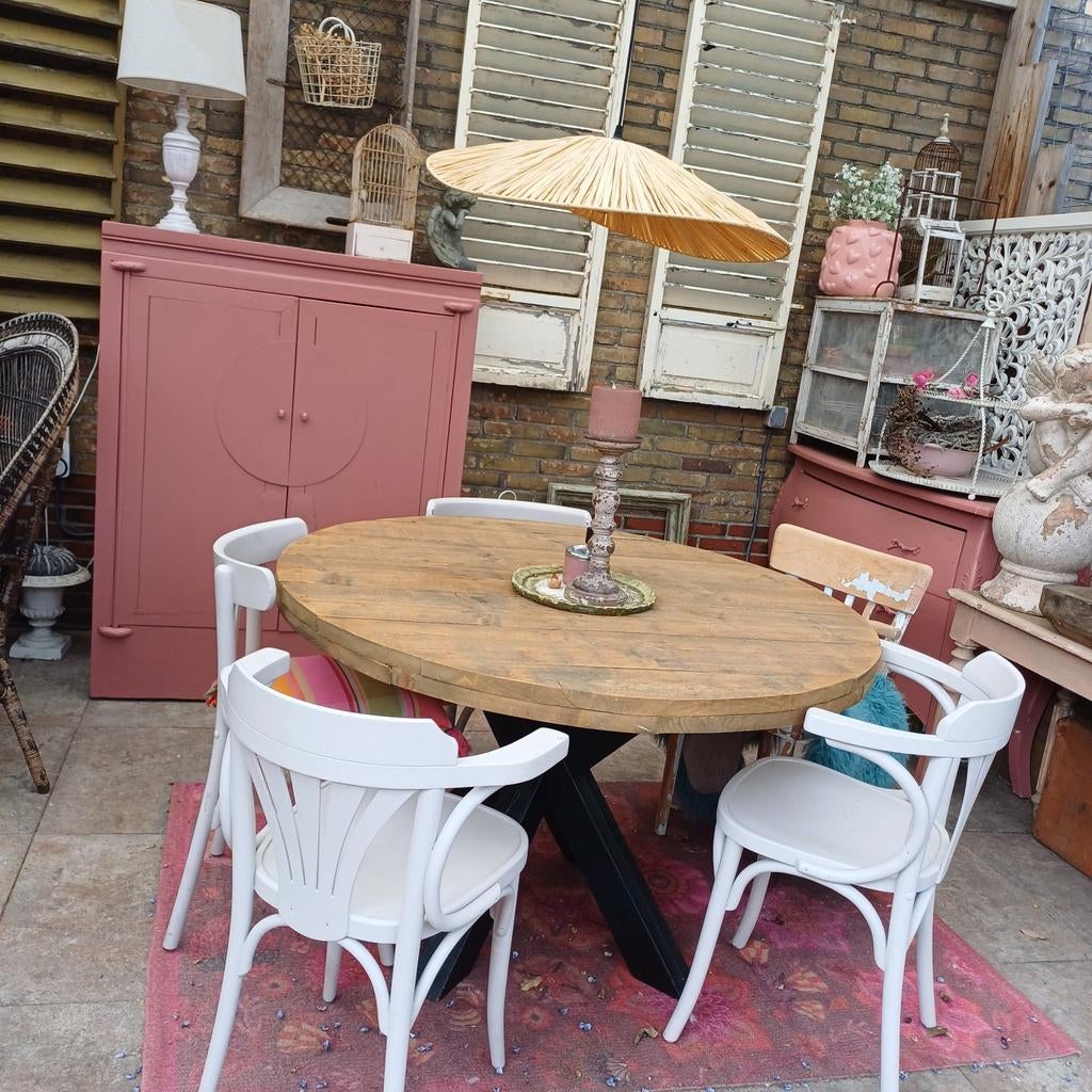 Brocant stoere landelijke steigerhouten ronde tafel, Huis en Inrichting, Tafels | Eettafels, Ophalen of Verzenden, Zo goed als nieuw