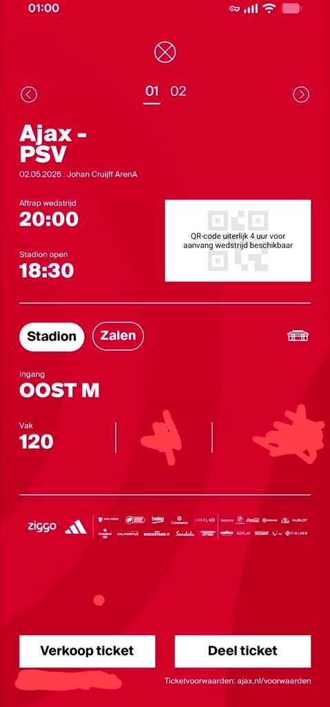 Verkocht voor Ajax - PSV naast elkaar in JC ArenA top plek, Losse kaart, Twee personen, Mei