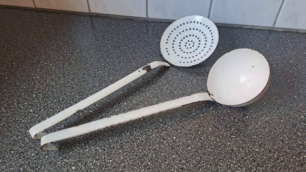 Vintage geëmailleerde pollepel en schuimspaan, Ophalen of Verzenden