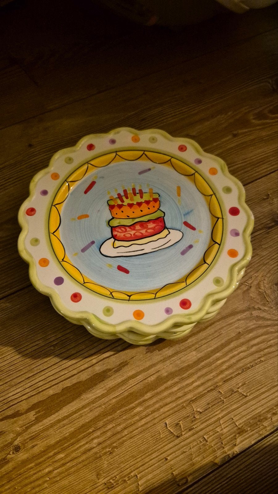 Set van 4 vrolijke gebaksbordjes met taartmotief, Ophalen of Verzenden, Zo goed als nieuw, Overige stijlen, Bord(en)