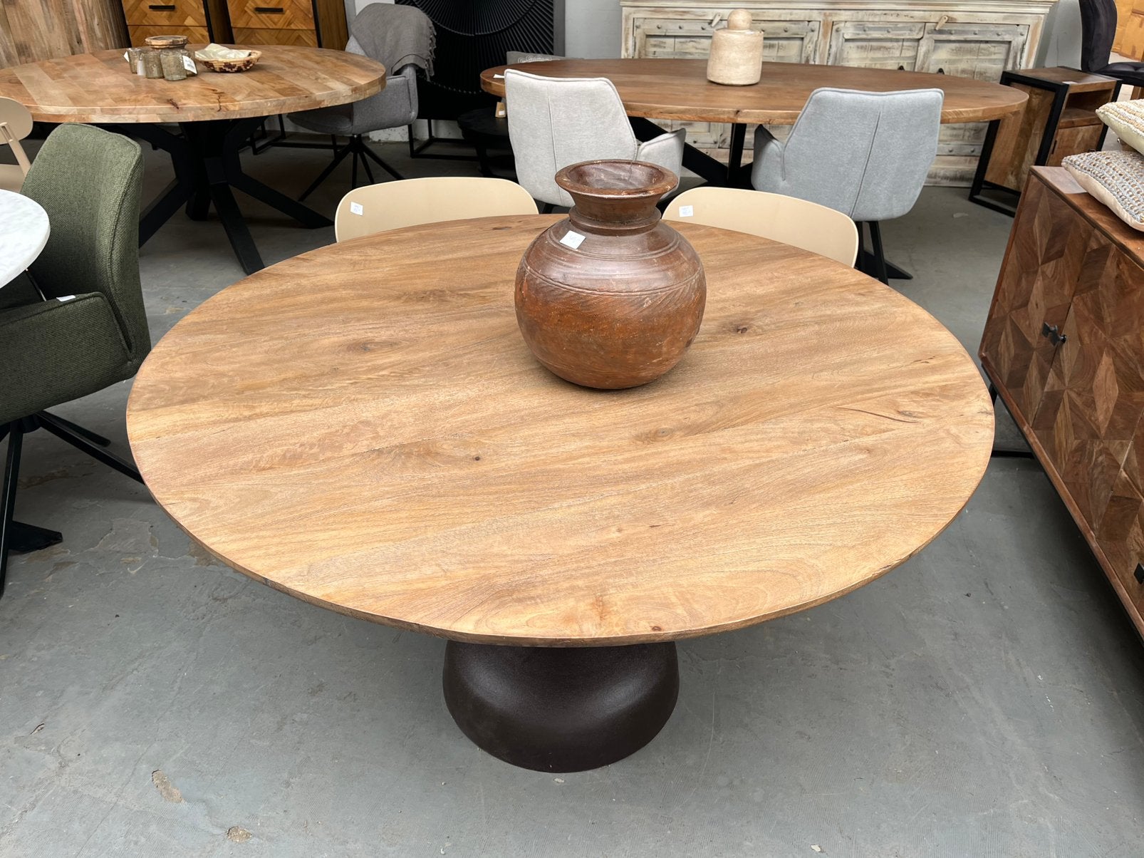 Magazijn leegverkoop ronde eettafel mangohout metaal walnoot, Hout, Nieuw, Ophalen of Verzenden, Info@wkhome.nl