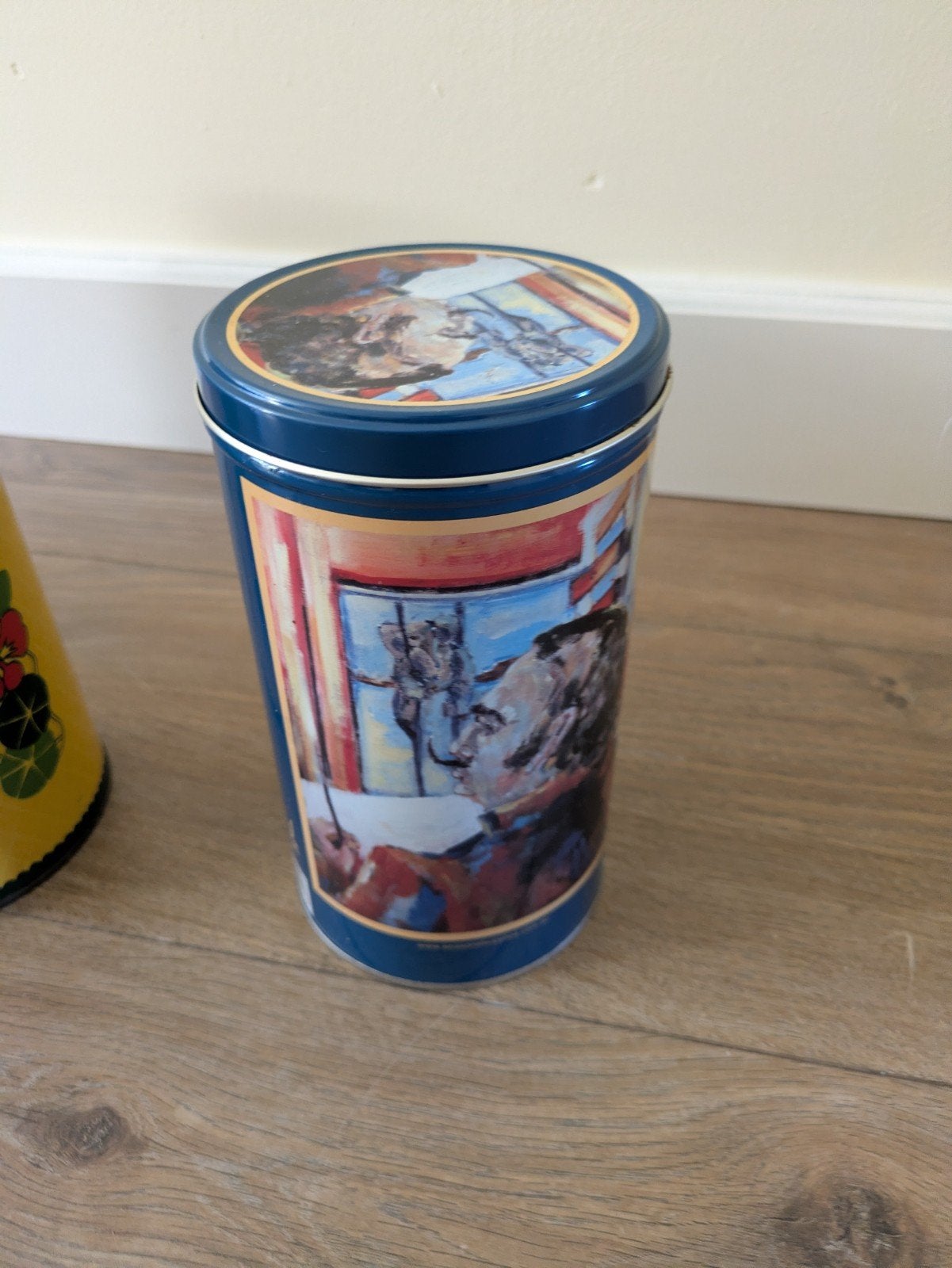 Vintage Beschuitbus met kunstprint, Vintage, Gebruikt, Blauw, Ophalen of Verzenden