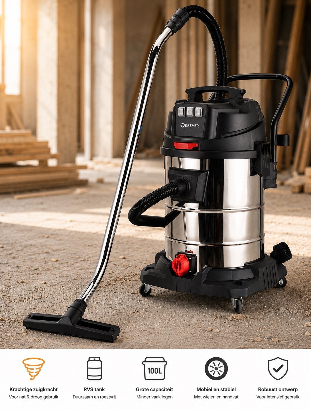 Stofzuiger nat/droog Kremer KR100LS **NIEUW** ‼️, Ophalen, Nieuw, 2000 watt of meer