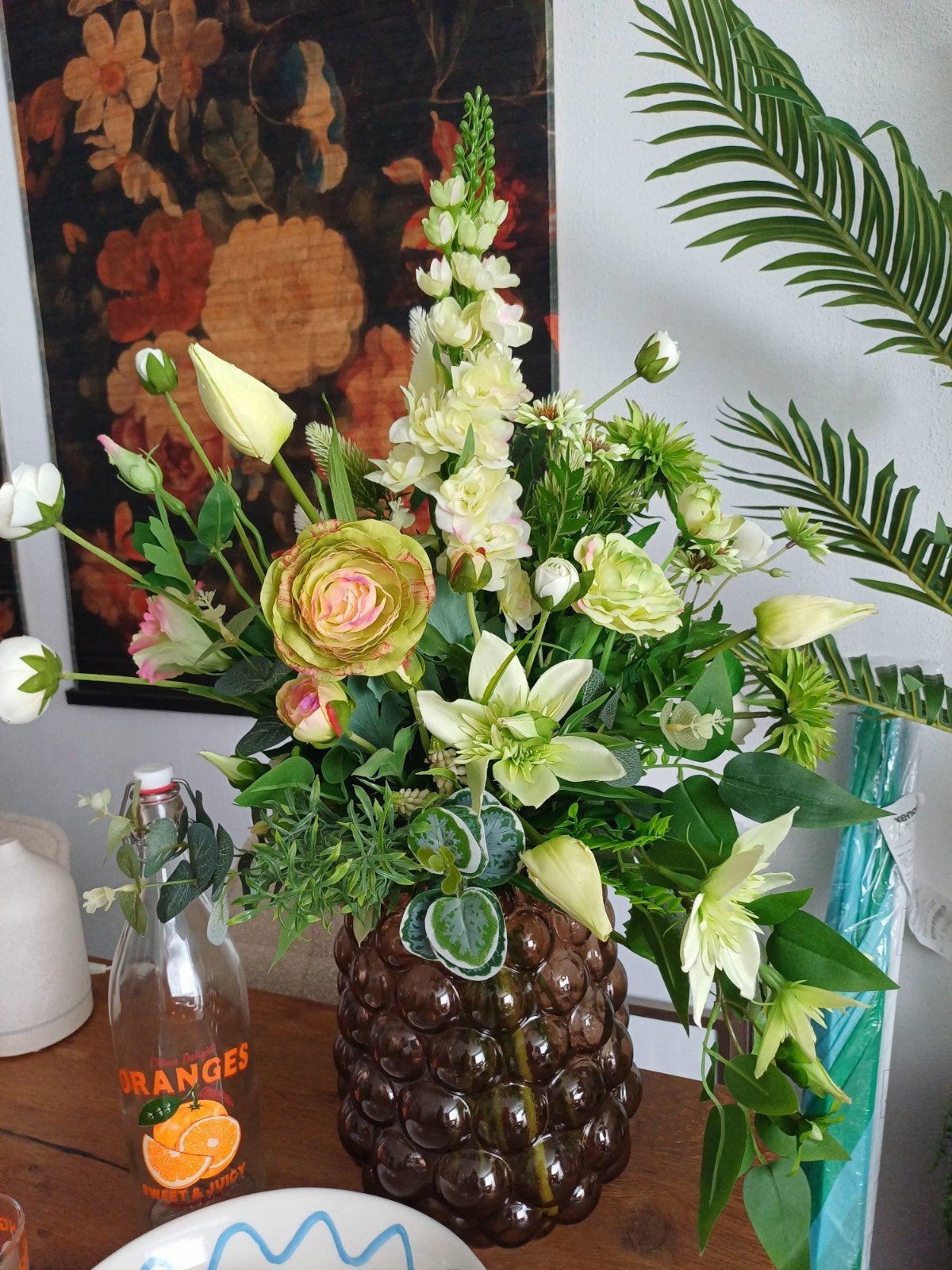 Kunstbloemen boeket in bruine bubbelvaas H60 cm, Zijde, Ophalen of Verzenden, Nieuw, Boeket
