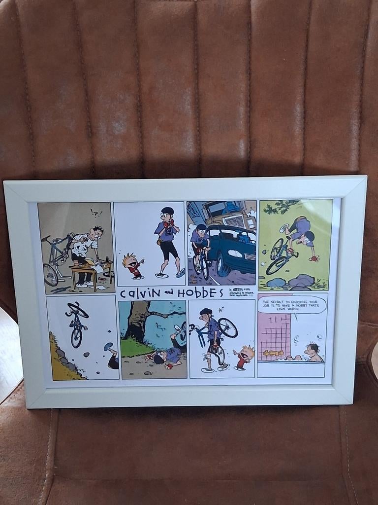 Calvin and Hobbes - Ingelijste Strip 'Cycling' (1995) – Bill, Ophalen of Verzenden, Overige figuren, Zo goed als nieuw, Overige typen