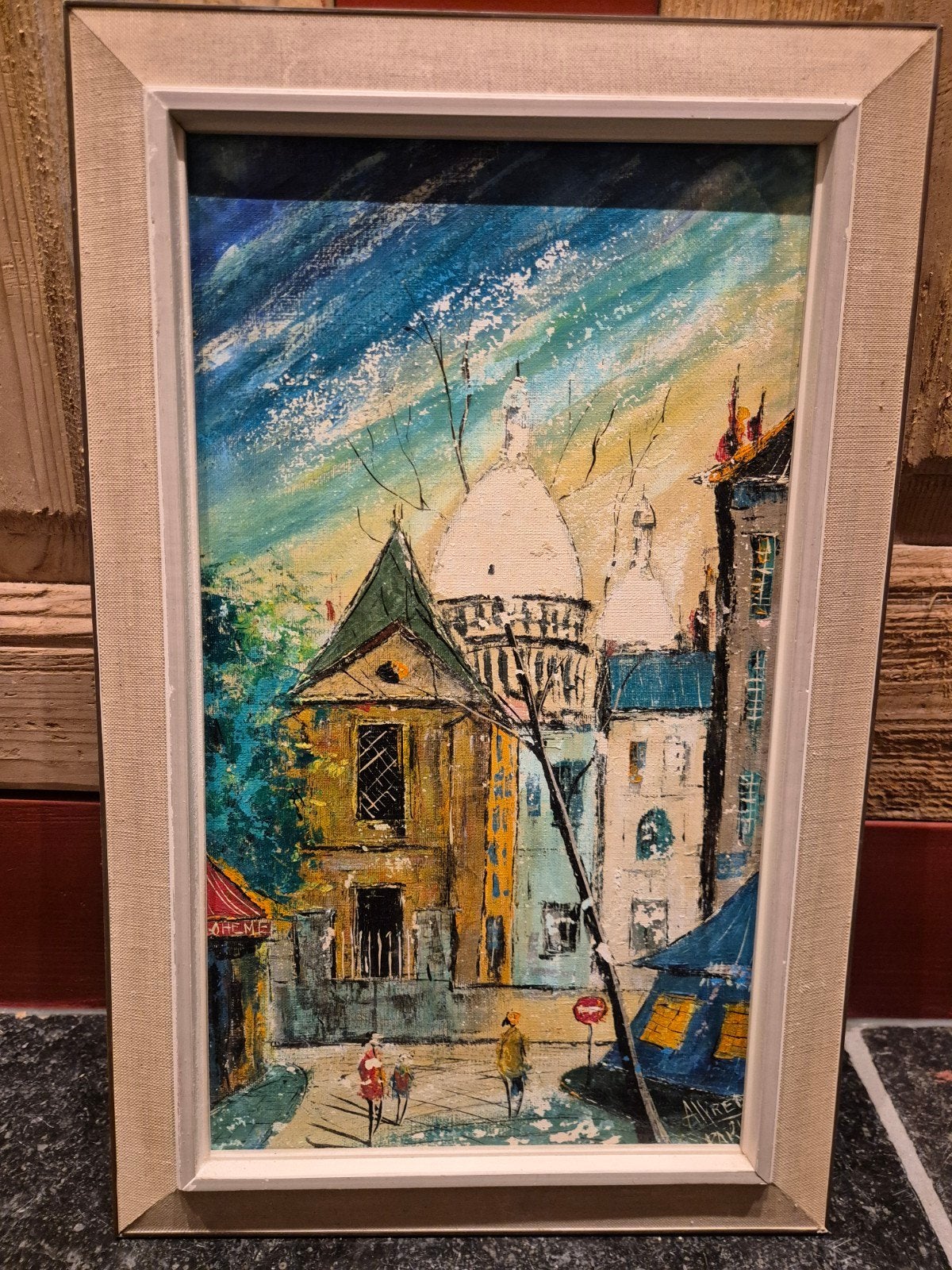 vintage schilderij, straatscene in monte martre, Parijs, Antiek en Kunst, Doek, Ophalen of Verzenden, Olieverf, Stads- / dorpsgezicht