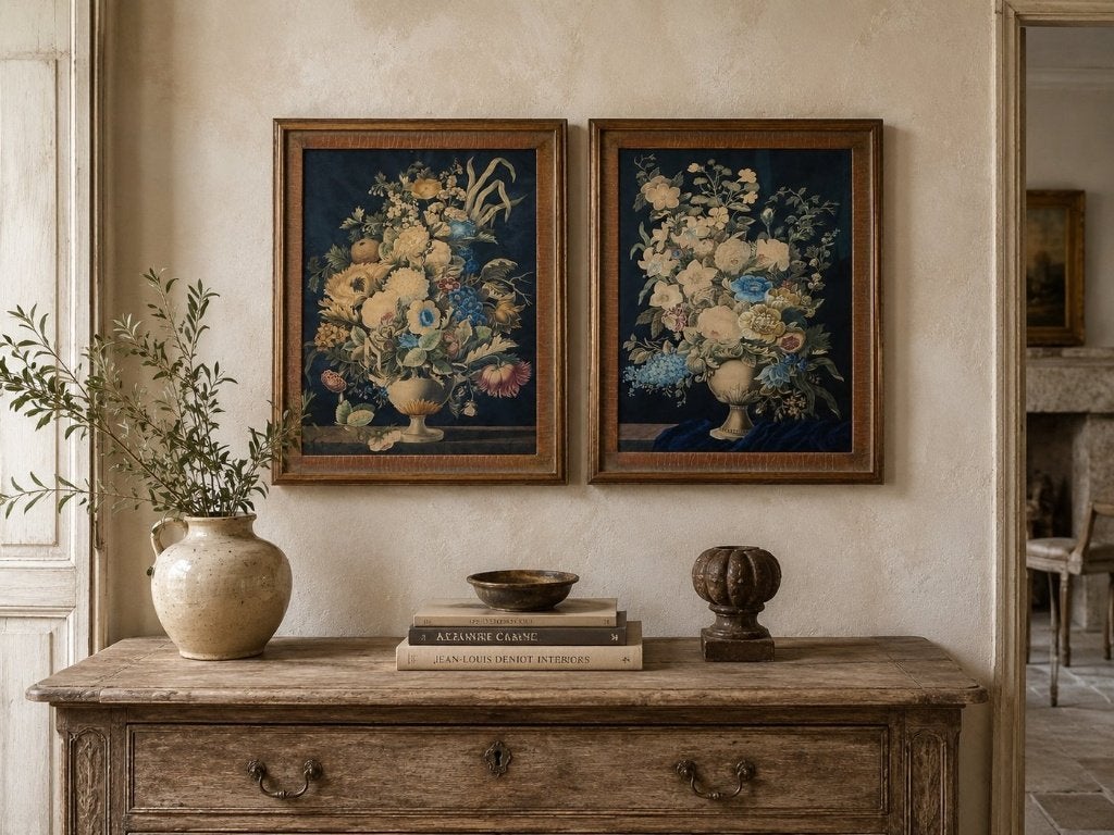 Paar neoclassicistische bloemstillevens - F.M. de Spaen, Nederlandse school, Achter glas, Aquarel, Papier