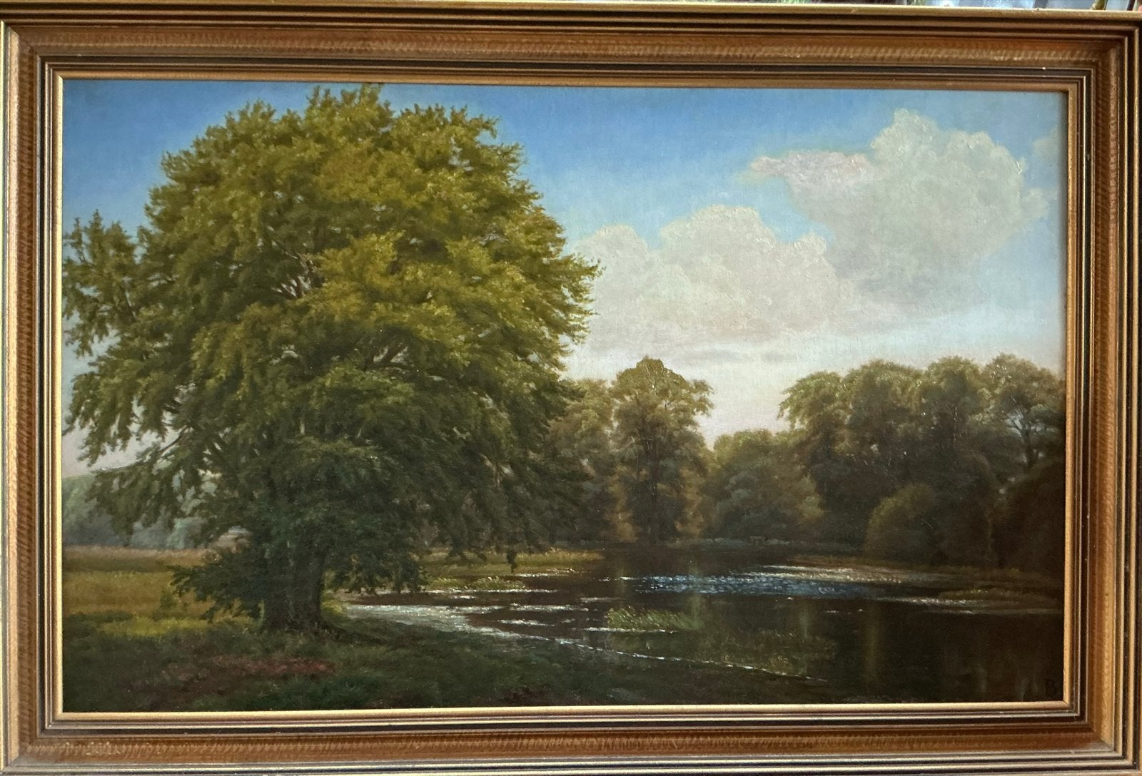 Gesigneerd Schilderij: Landschap met Water en Bomen, Ophalen, Doek, Realistisch, Gesigneerd