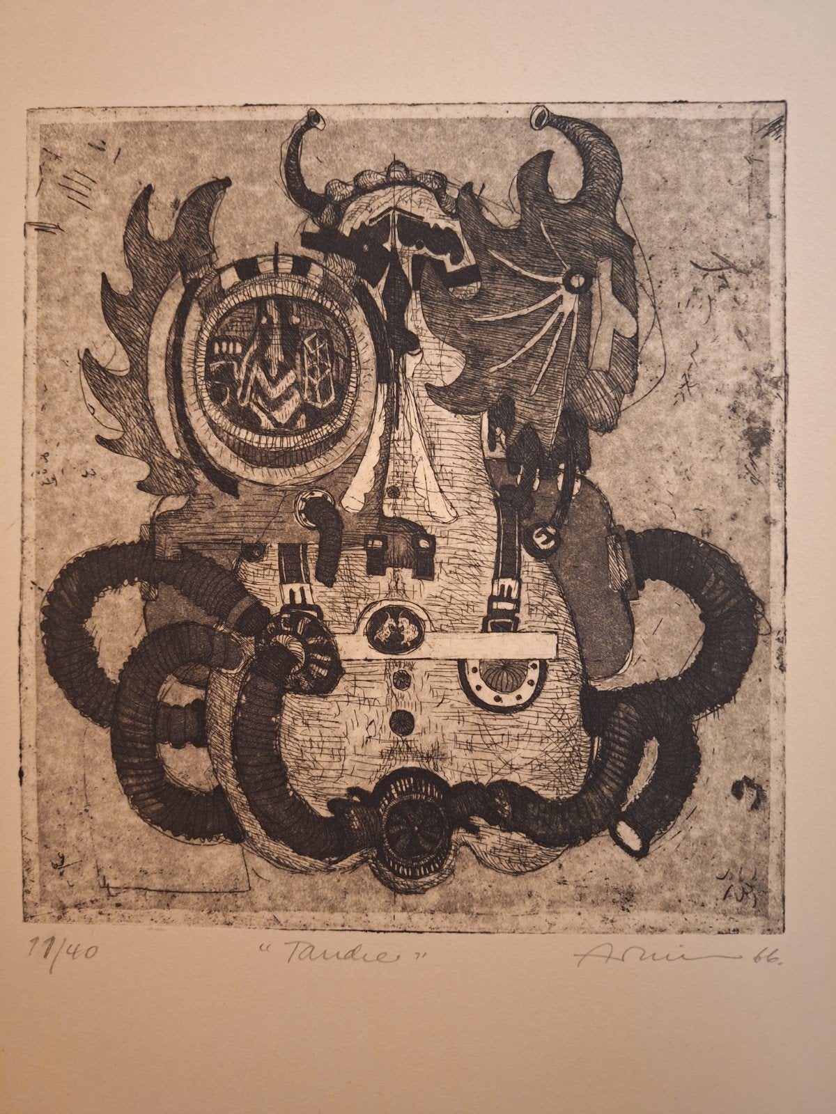 Abstracte ets 'Tardie'  onduidelijk gesigneerd, Ophalen of Verzenden, Ets, Genummerd, 1950 - 1999
