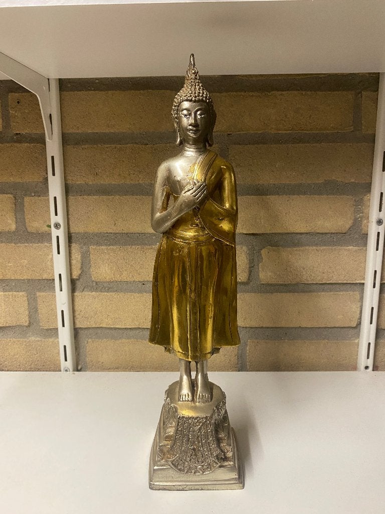 Grote staande verzilverd verguld boeddha beeld, Huis en Inrichting, Woonaccessoires | Boeddhabeelden, 36 cm, Ophalen of Verzenden