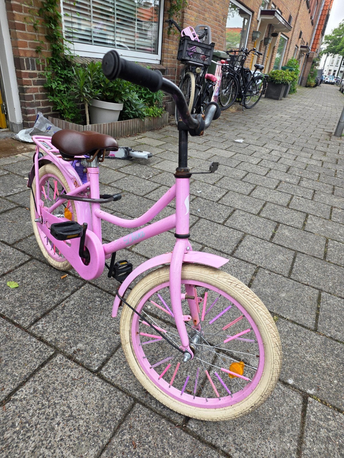 Roze kinderfiets 18 inch met voordrager, Fietsen en Brommers, Fietsen | Kinderfietsjes, Ophalen, Gebruikt, Terugtraprem, 16 tot 20 inch