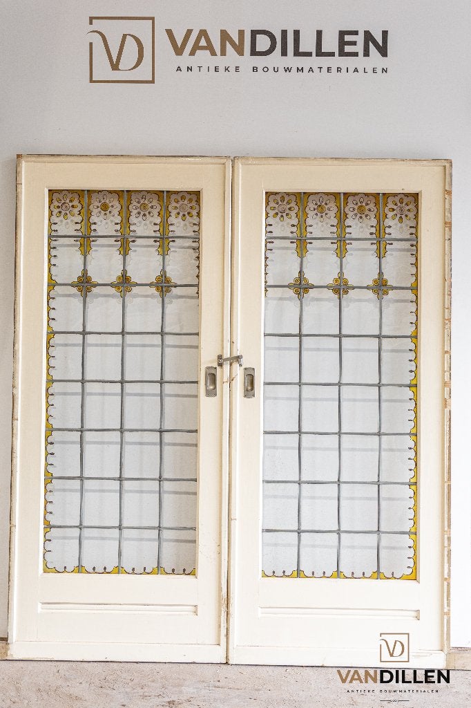 Antieke ensuite schuifdeuren gebrandschilderd 201.5 x 173, Gebruikt, 120 cm of meer, Binnendeur, Ophalen of Verzenden