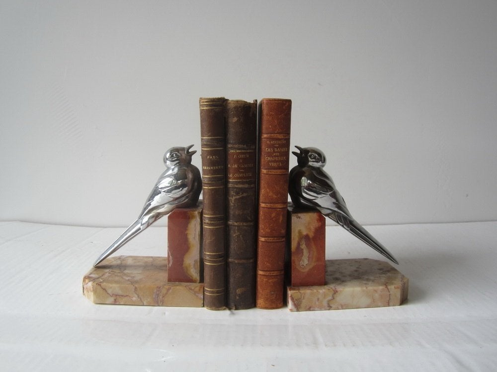Antieke art deco boekensteunen vogels, op marmer, Verzenden