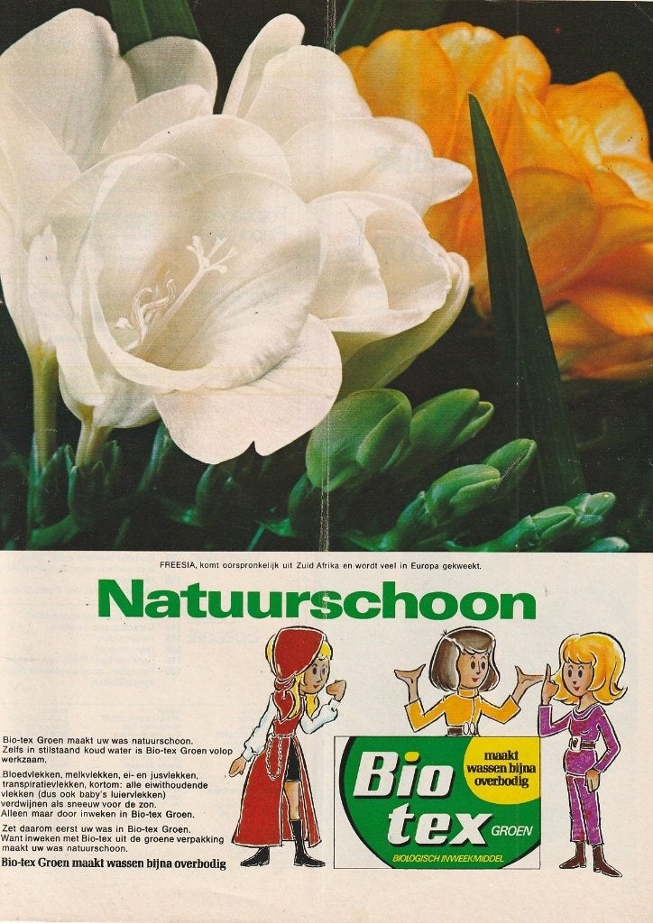 Retro reclame 1971 Biotex wasmiddel de freesia bloem, Verzenden, Overige typen
