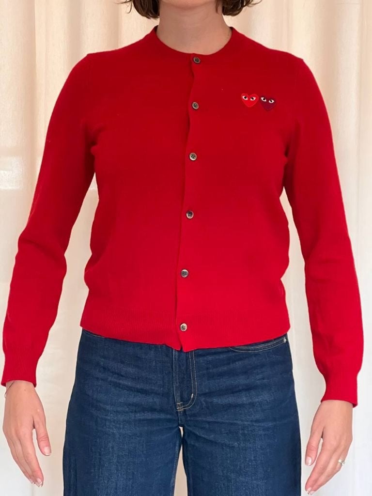 Wool Cardigan Comme des Garçons PLAY L, Kleding | Dames, Ophalen of Verzenden, Zo goed als nieuw, Rood, Maat 42/44 (L)