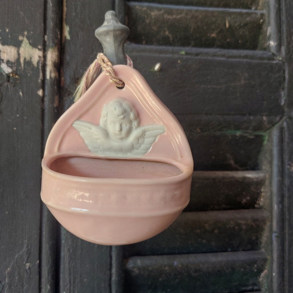 Mooi brocante wijwatervat roze porselein met engel, gemerkt, Antiek en Kunst, Ophalen of Verzenden