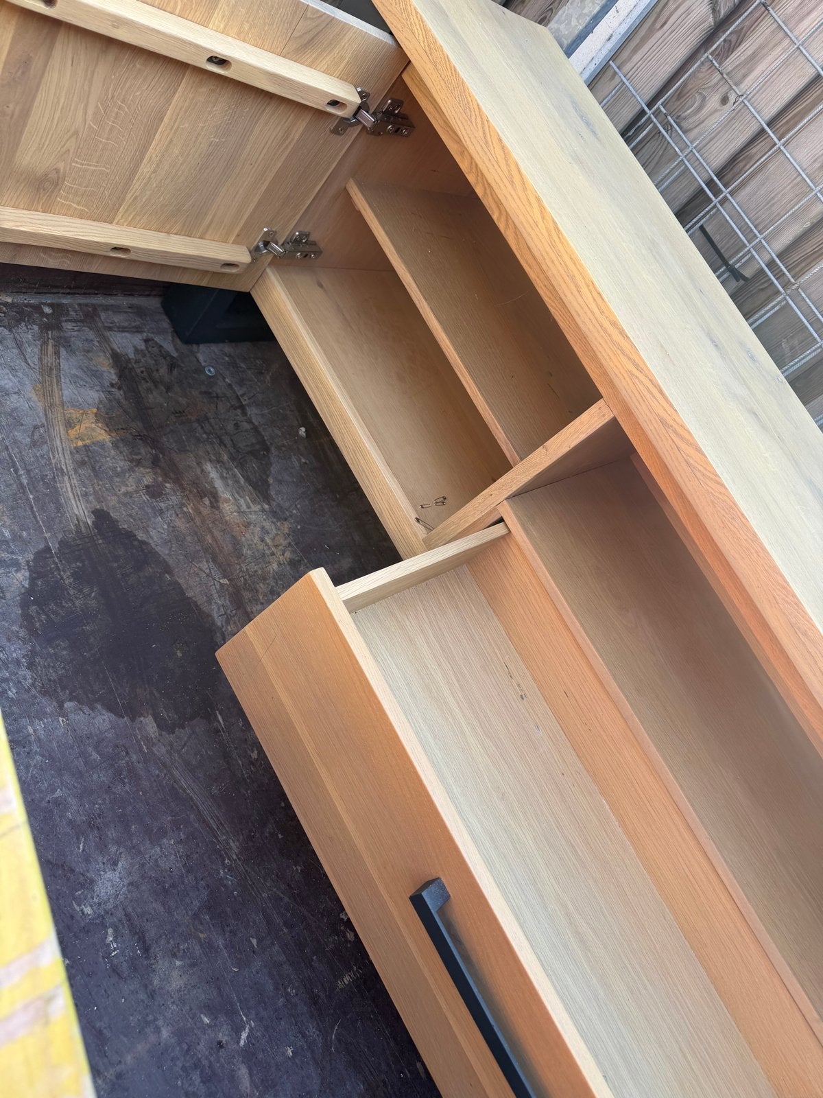 Eikenhouten TV-meubel met lade en kastje, Ophalen, Gebruikt, 150 tot 200 cm, Eikenhout