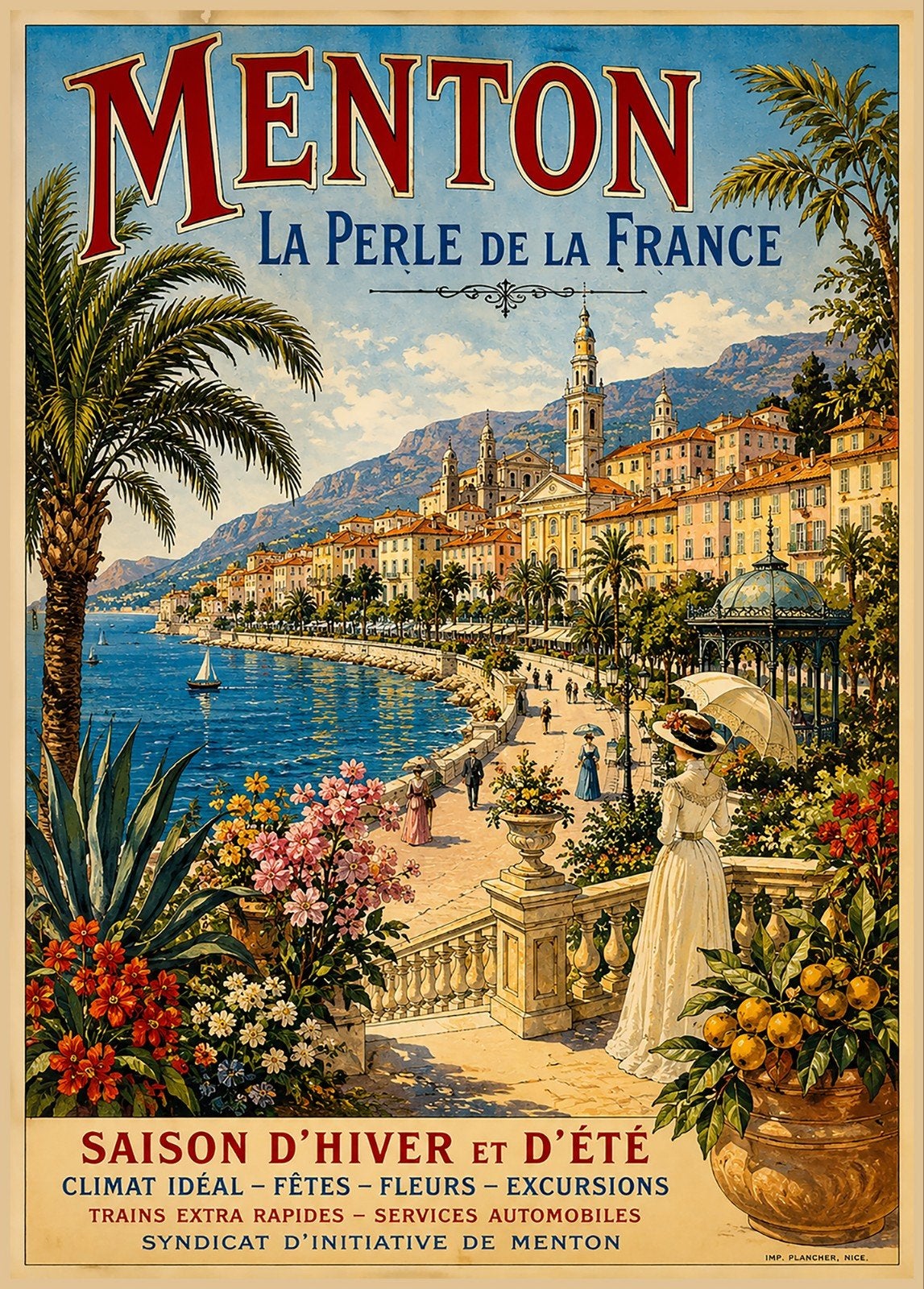 Vintage Art Deco Menton Reclameposter - La Perle, Ophalen of Verzenden, A1 t/m A3, Overige onderwerpen, Rechthoekig Staand
