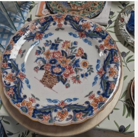 Antiek Delfts Blauw Bord met Bloemenmand Decoratie, Ophalen of Verzenden