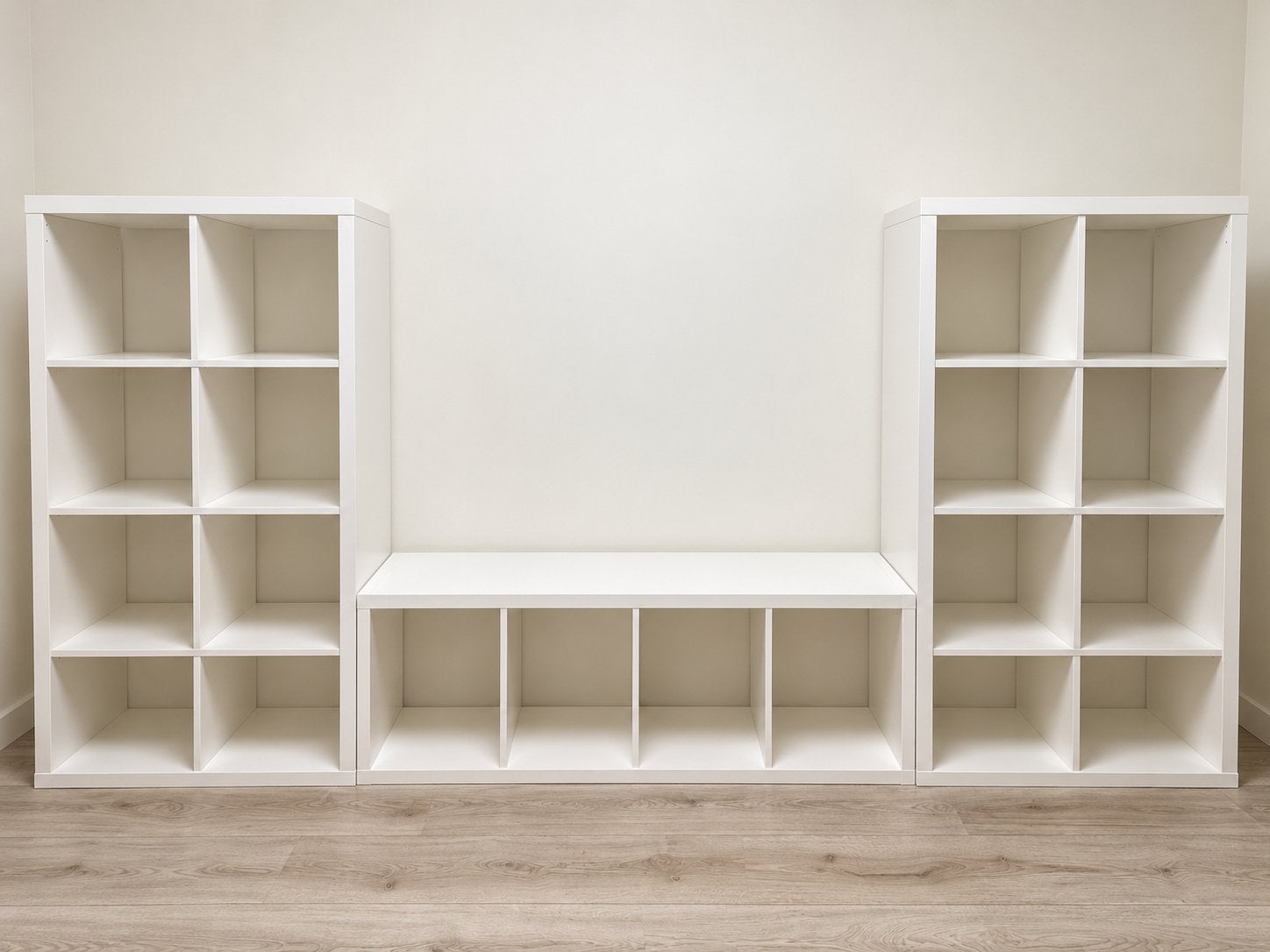 IKEA KALLAX kasten set wit – 2 hoge + 1 lage kast, Ophalen of Verzenden, Zo goed als nieuw, Minder dan 150 cm, Minder dan 100 cm