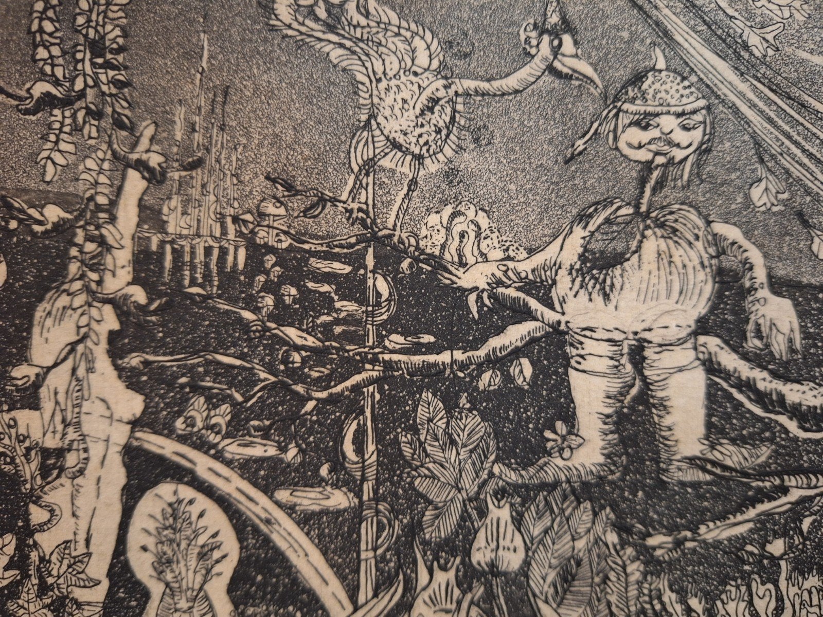 Ets: Fantasiewereld met mythische wezens en landschap, Mythologie, Ophalen of Verzenden, Origineel, 1950 - 1999